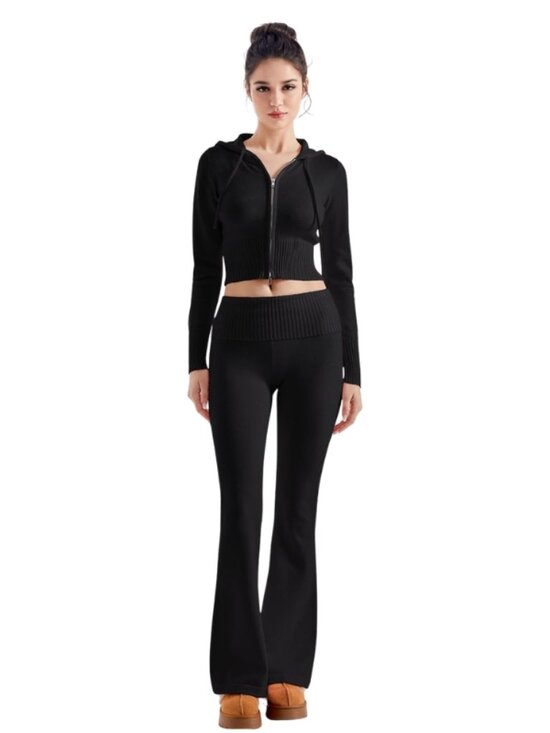 Pants - 2 Piece Knit Set Cropped Zip Up Hoodie Foldover Flare Leg Pants Sweatsuit